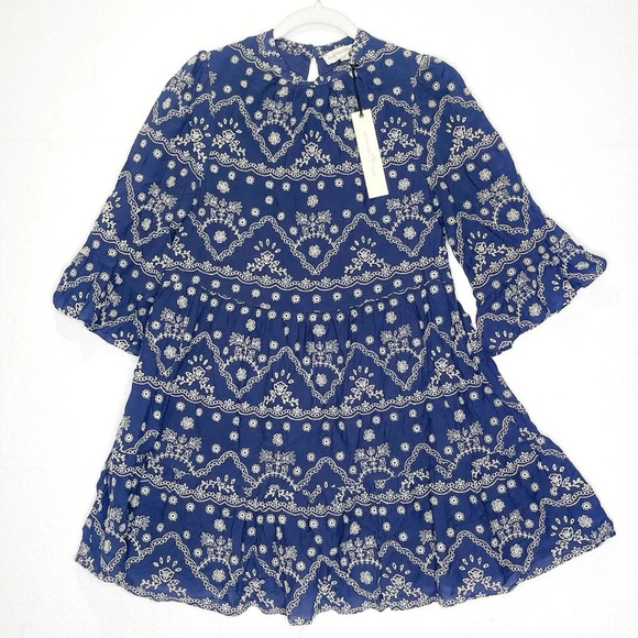 Penelope Rose Navy and Ivory Embroidered Tiered The Katherine Dress Boho Medium - Picture 1 of 8